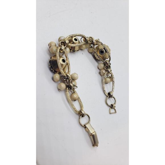 Vintage Bracelet Gold Tone Black Rhinestone dog tooth prong etched oval link - Picture 5 of 8